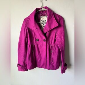 Elegant 60% Wool Fuchsia Double-Breasted Pea Coat
